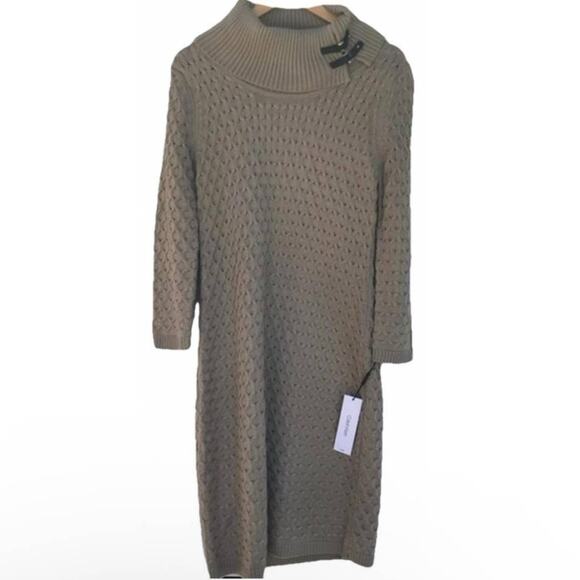 NEW Calvin Klein Tan Cream Leather Buckle Cowl Neck Bodycon Sweater Mini Dress M - Picture 3 of 10